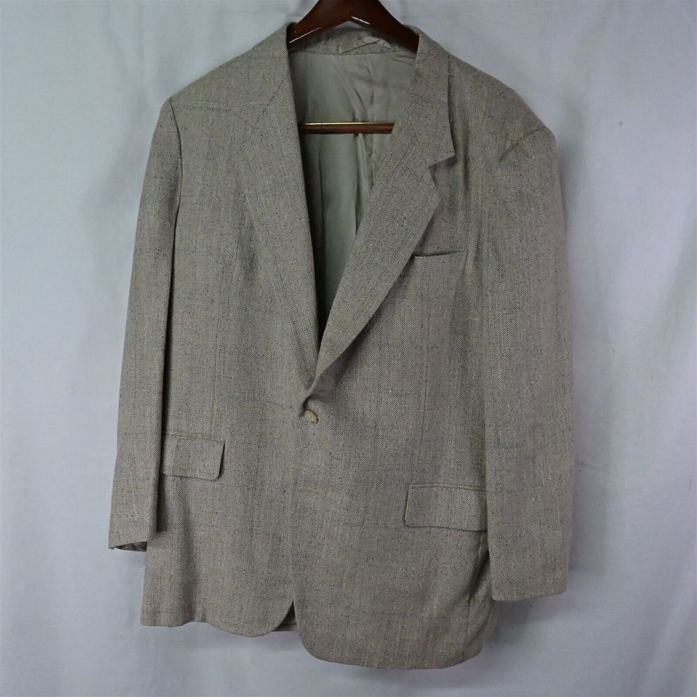 Vtg 90s Fits 46R Bespoke Beige Tweed Mens Blazer Suit Jacket Sport Coat